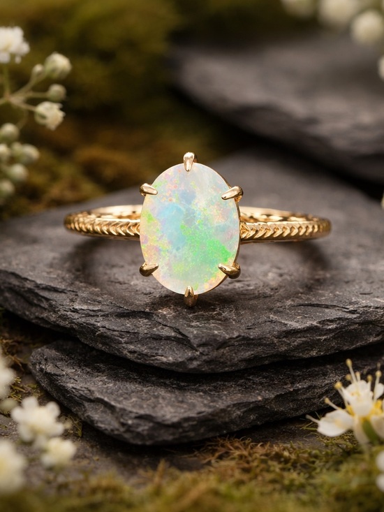 Jewelry - 14 k Gold Opal Oval Solitaire Ring - Australian blue green Coober Pedy